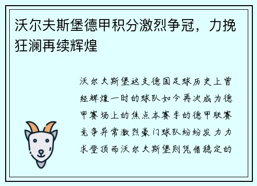 沃尔夫斯堡德甲积分激烈争冠，力挽狂澜再续辉煌