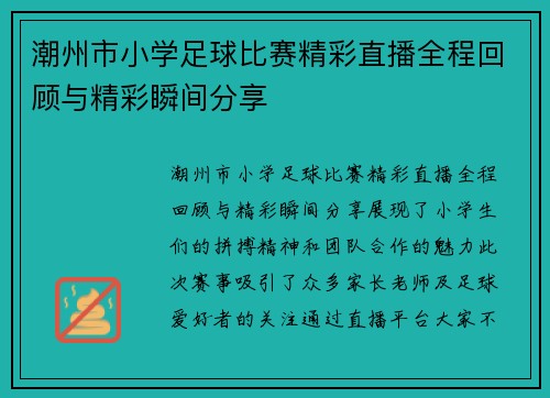 潮州市小学足球比赛精彩直播全程回顾与精彩瞬间分享